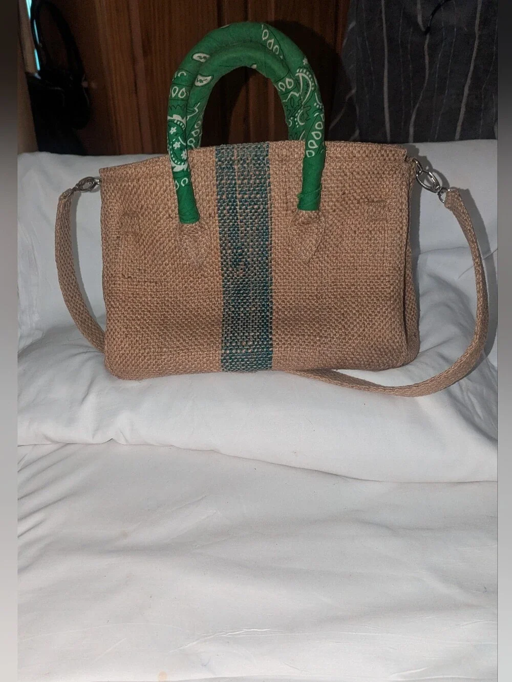Woven Paris Jute Burlap Satchel Bag with Green Bandana Wrapped Handles Accent